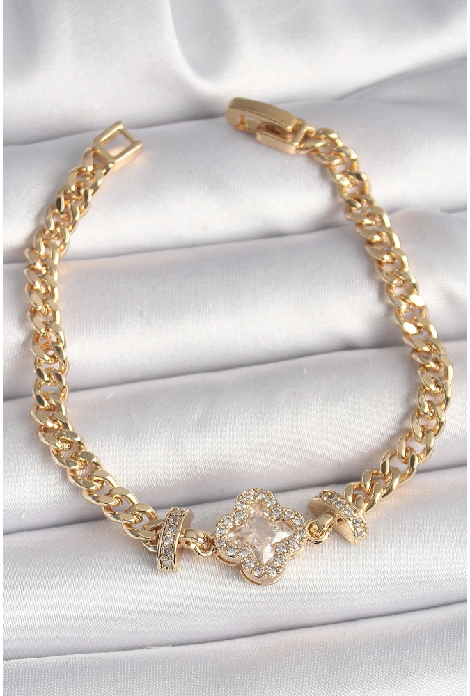 Shoecide Pirinç Gold Renk Zirkon Taşlı Yonca Figür Zincir Model Kadın Bileklik