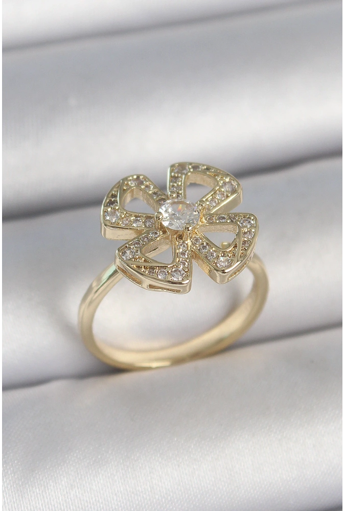 Shoecide Pirinç Gold Renk Zirkon Taşlı Yonca Model Ayarlanabilir Kadın Yüzük