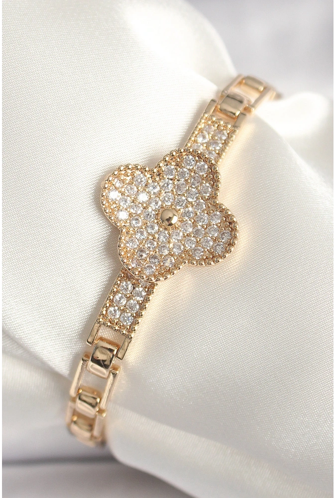 Shoecide Pirinç Gold Renk Zirkon Taşlı Yonca Model Kadın Bileklik