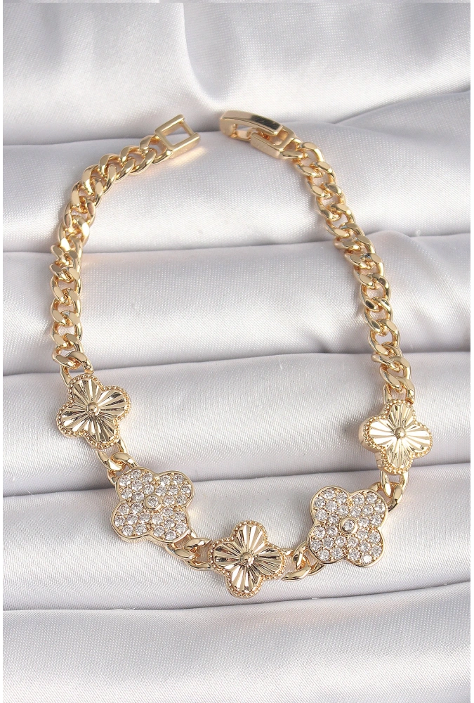 Shoecide Pirinç Gold Renk Zirkon Taşlı Yonca Model Kadın Bileklik