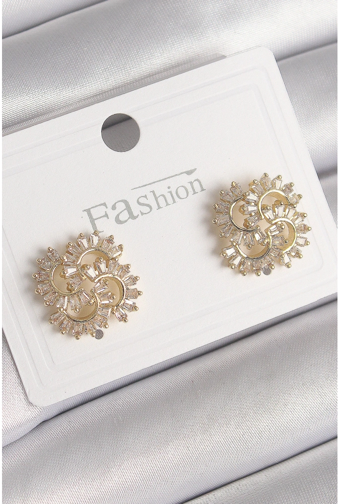 Shoecide Pirinç Gold Renk Zirkon Taşlı Yonca Model Kadın Küpe