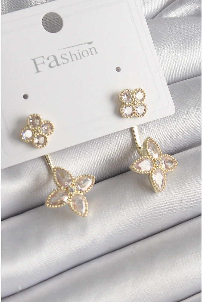 Shoecide Pirinç Gold Renk Zirkon Taşlı Yonca Model Kadın Küpe