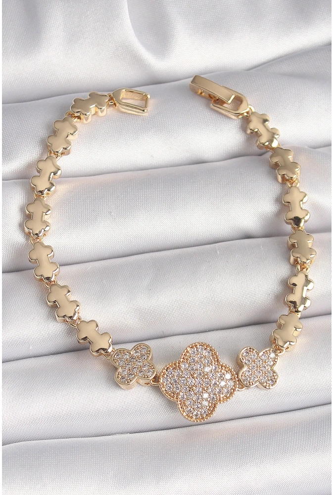 Shoecide Pirinç Gold Renk Zirkon Taşlı Yonca Model Zincir Kadın Bileklik