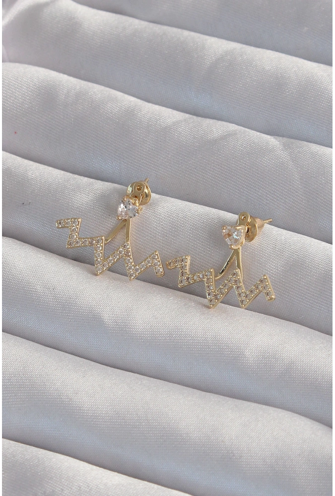 Shoecide Pirinç Gold Renk Zirkon Taşlı Zikzak Küpe