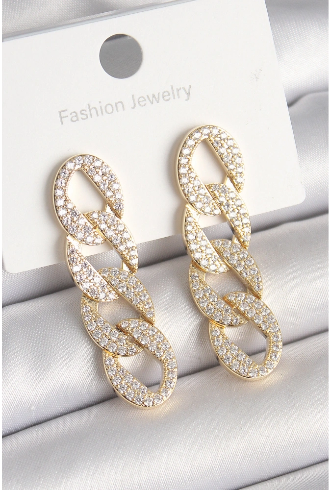 Shoecide Pirinç Gold Renk Zirkon Taşlı Zincir Model Kadın Küpe