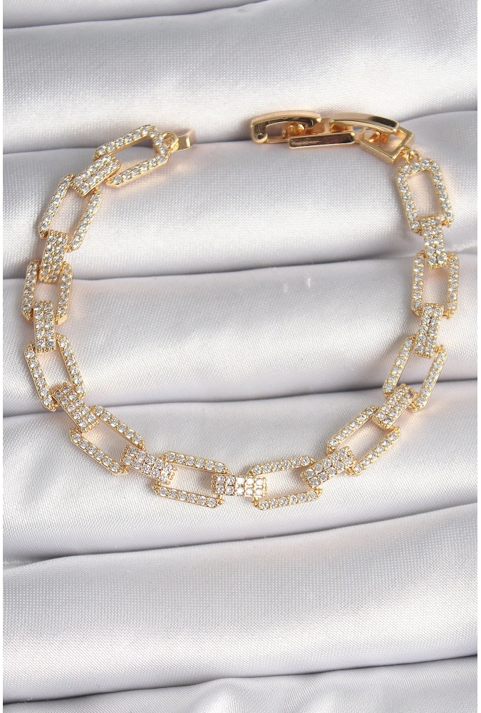 Shoecide Pirinç Gold Renk Zirkon Taşlı Zincir Model Vıp Seri Kadın Bileklik