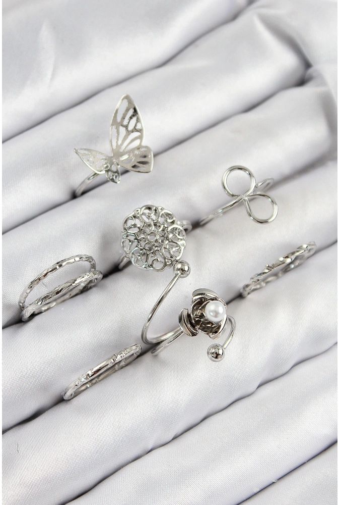 Shoecide Pirinç Gül Kelebek Model Gümüş Renk Kadın Yüzük Kombin Set