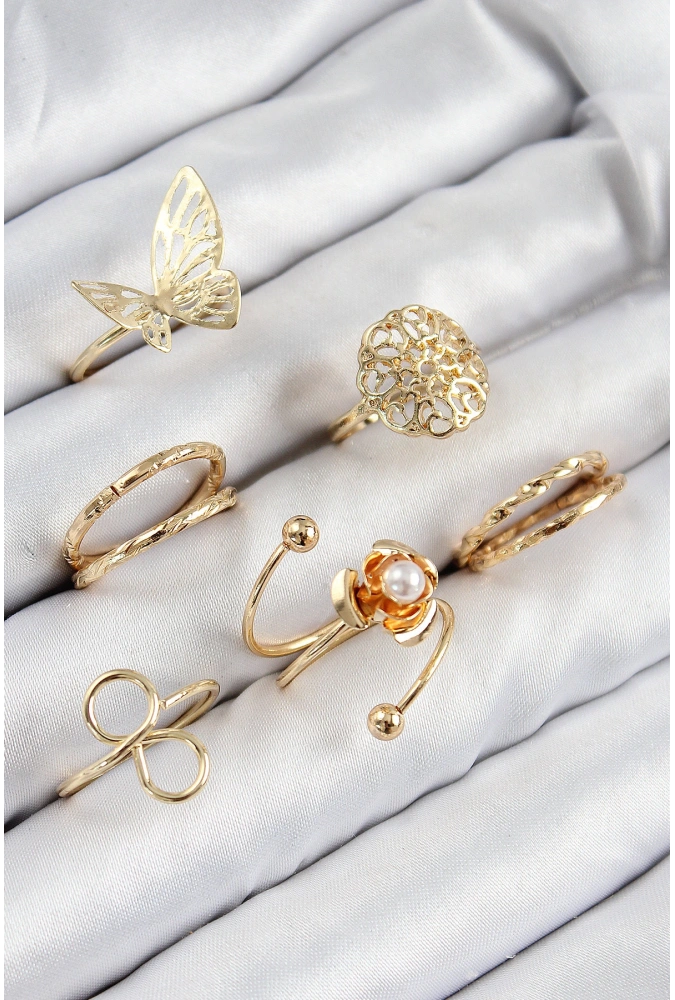 Shoecide Pirinç Gül Kelebek Model Gümüş Renk Kadın Yüzük Kombin Set