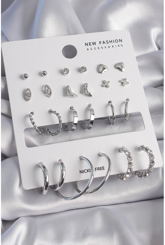 Shoecide Pirinç Gümüş Renk 12 Çift Kadın Küpe Seti