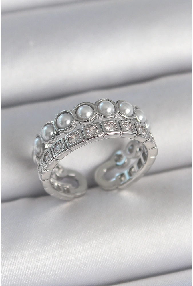 Shoecide Pirinç Gümüş Renk 2li Sıra Zirkon Taşlı Ve İncili Ayarlanabilir Kadın Yüzük