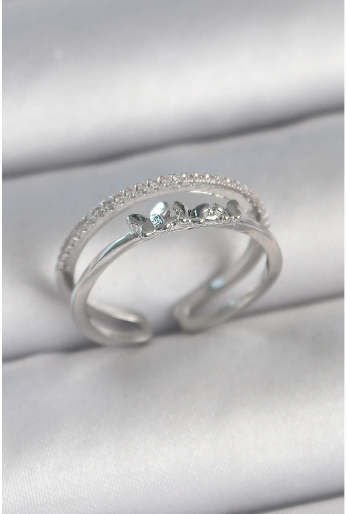 Shoecide Pirinç Gümüş Renk 2li Zirkon Taş Detaylı Kelebek Figür Ayarlanabilir Model Kadın Yüzük