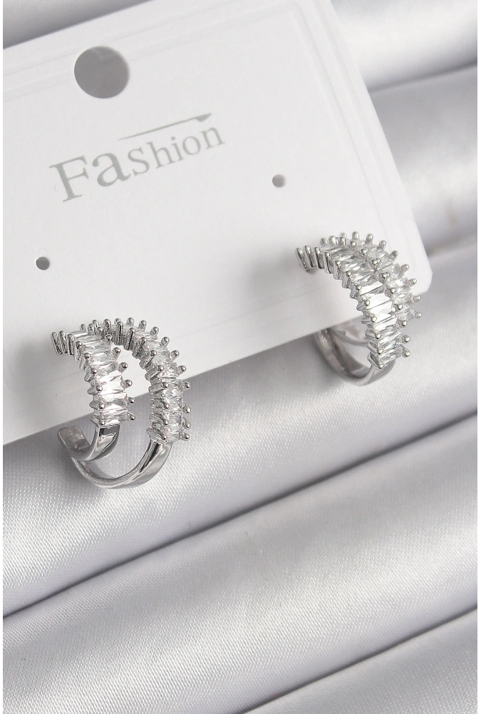 Shoecide Pirinç Gümüş Renk 2li Zirkon Taşlı Halka Model Kadın Küpe