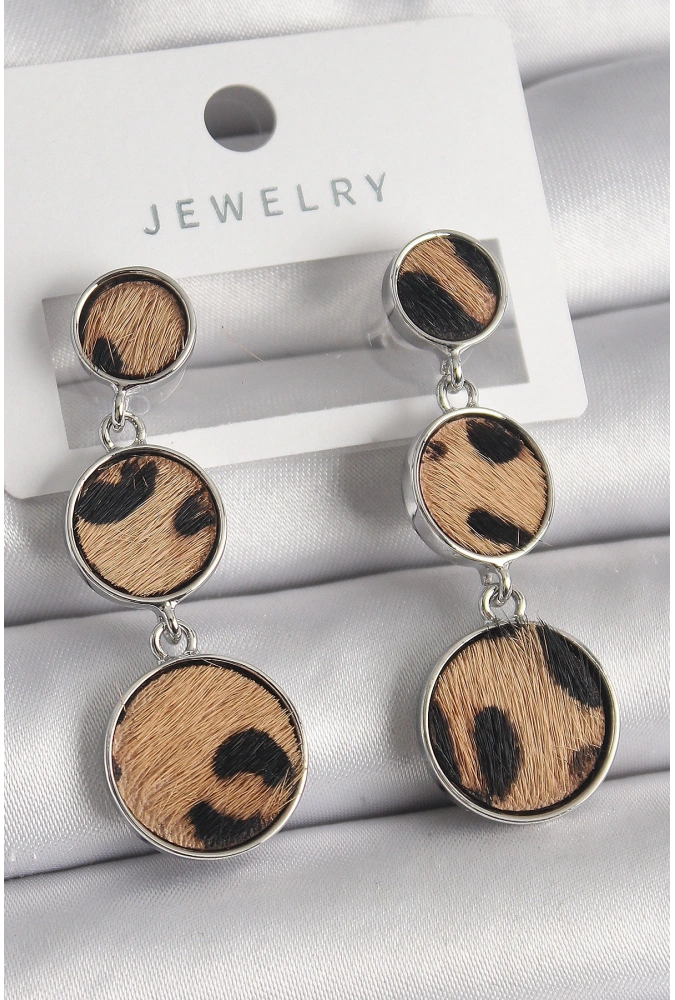 Shoecide Pirinç Gümüş Renk 3lü Daire Plaka Leopar Desenli Kadın Küpe