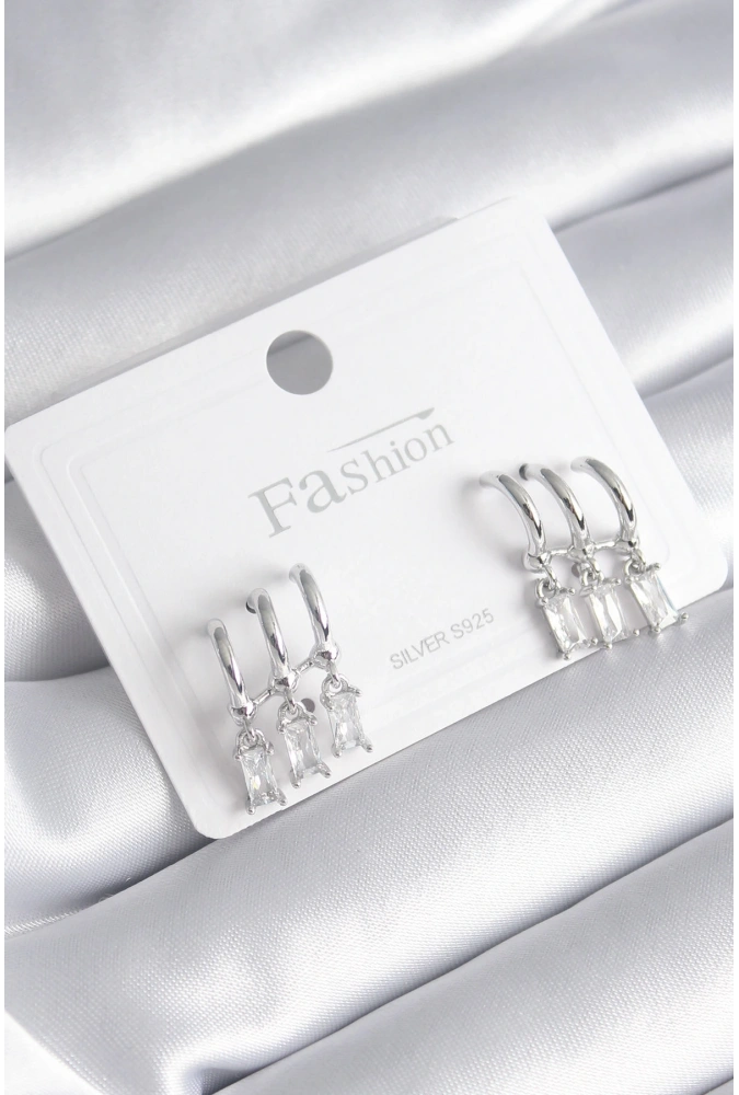 Shoecide Pirinç Gümüş Renk 3lü Sallantı Zirkon Taşlı Küpe