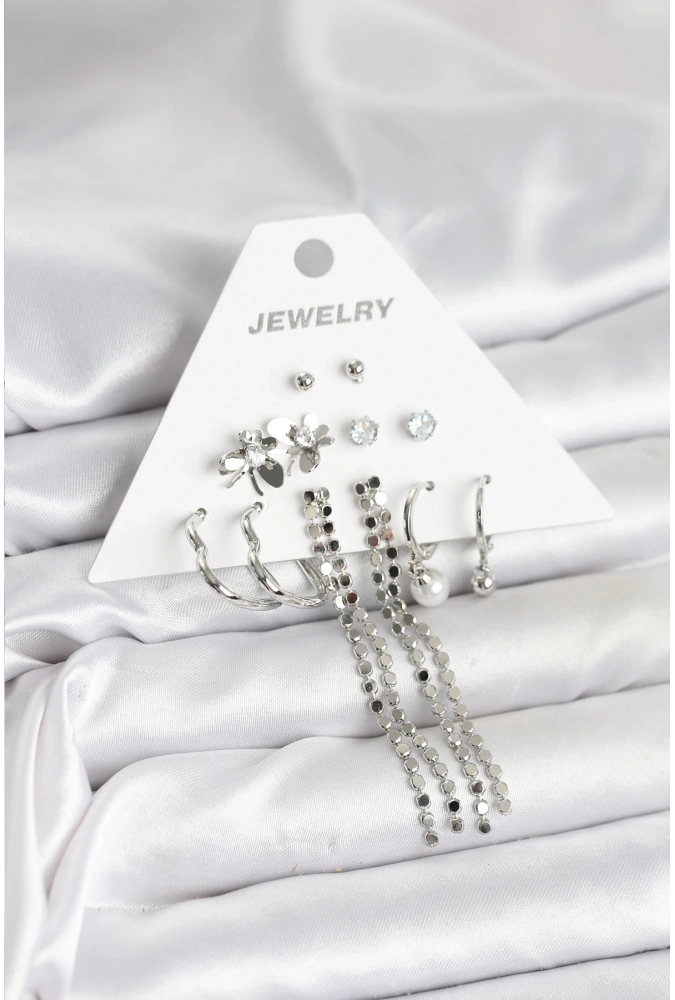 Shoecide Pirinç Gümüş Renk 6 Çift Kadın Küpe