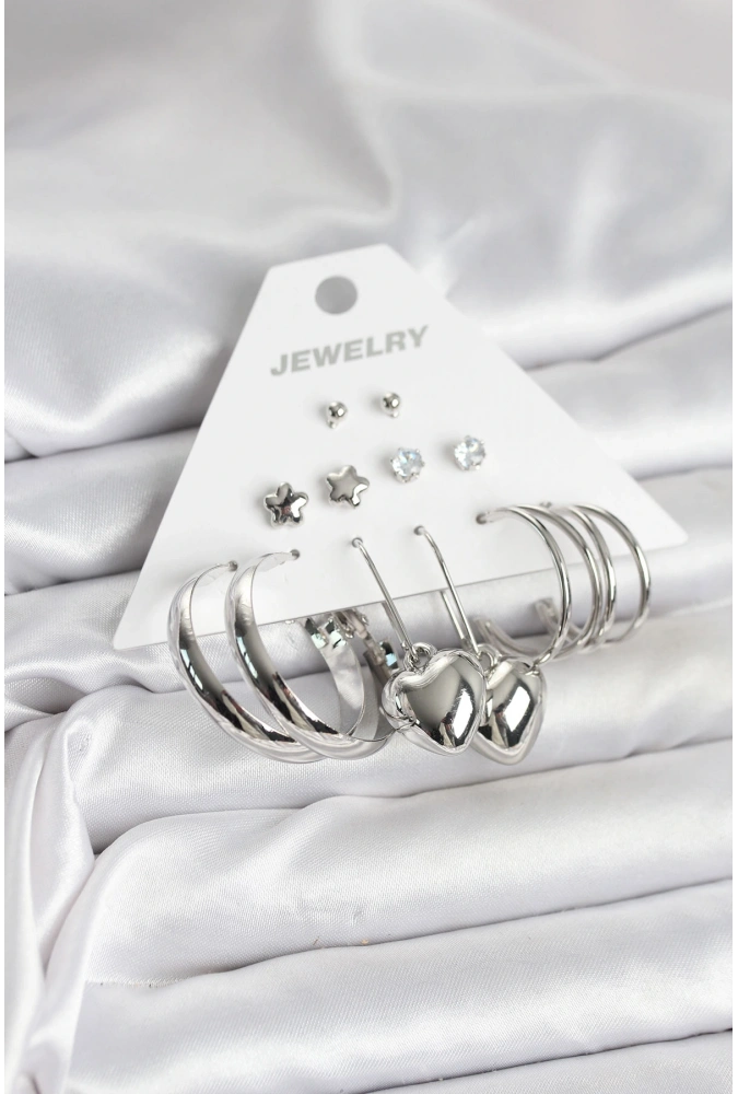 Shoecide Pirinç Gümüş Renk 6 Çift Kadın Küpe Seti