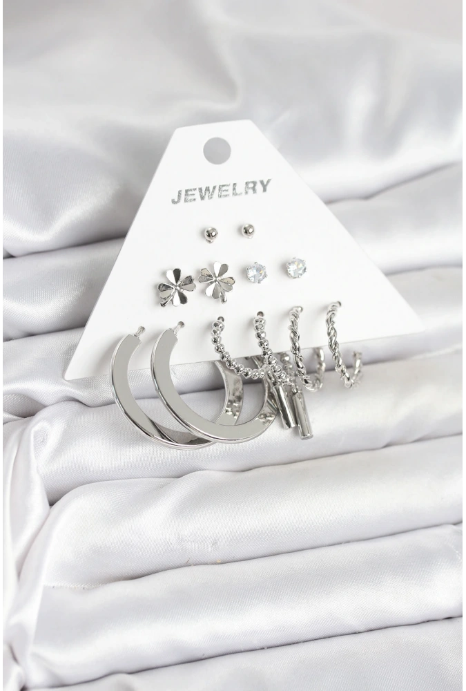 Shoecide Pirinç Gümüş Renk 6 Çift Kadın Küpe Seti