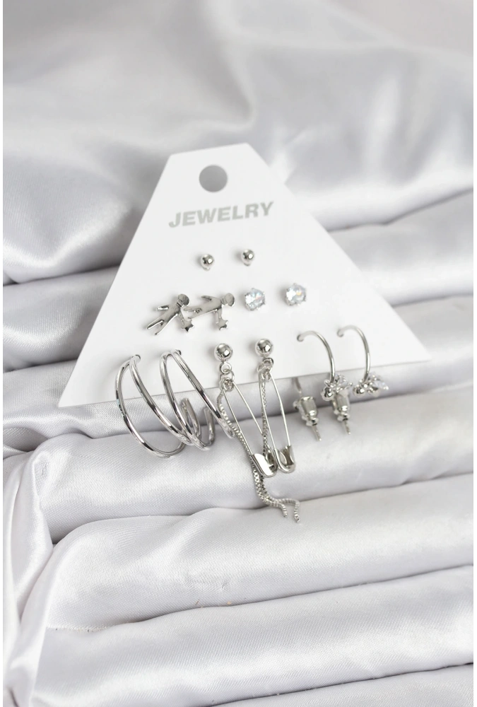 Shoecide Pirinç Gümüş Renk 6lı Kadın Küpe Seti