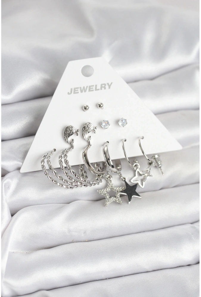 Shoecide Pirinç Gümüş Renk 6lı Kadın Küpe Seti