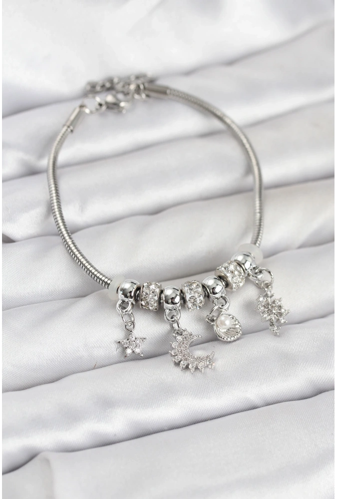 Shoecide Pirinç Gümüş Renk Ay Charm Model Charmlı Kadın Bileklik