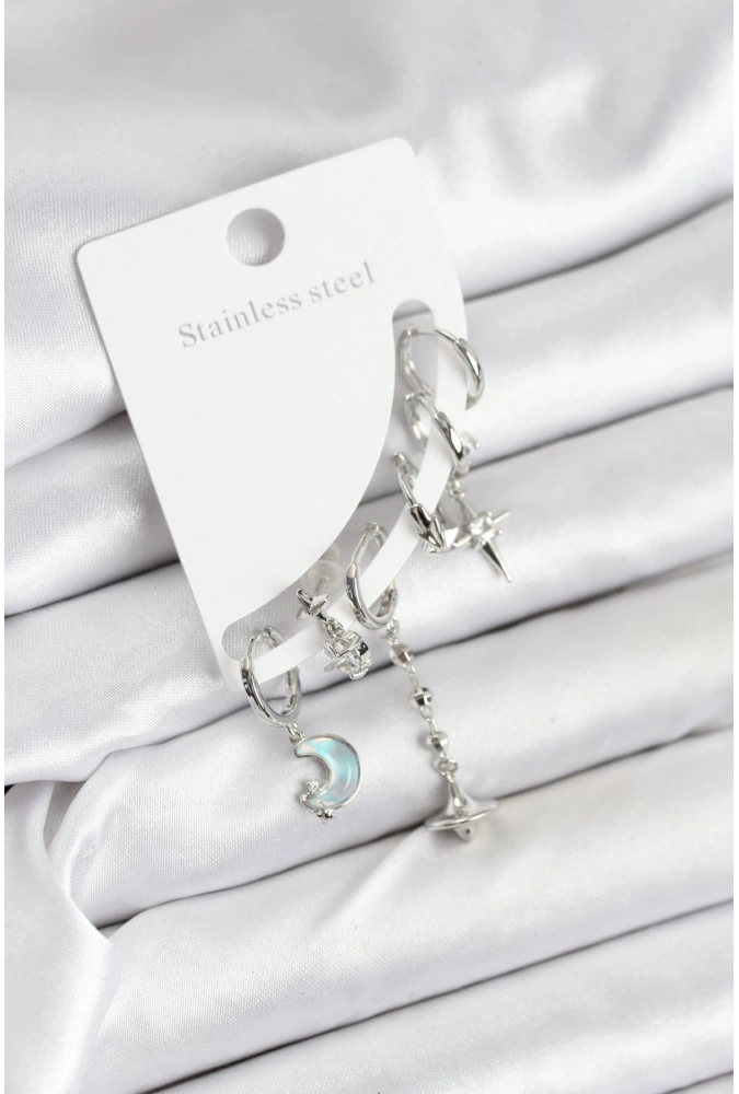 Shoecide Pirinç Gümüş Renk Ay Model Kadın Set Küpe