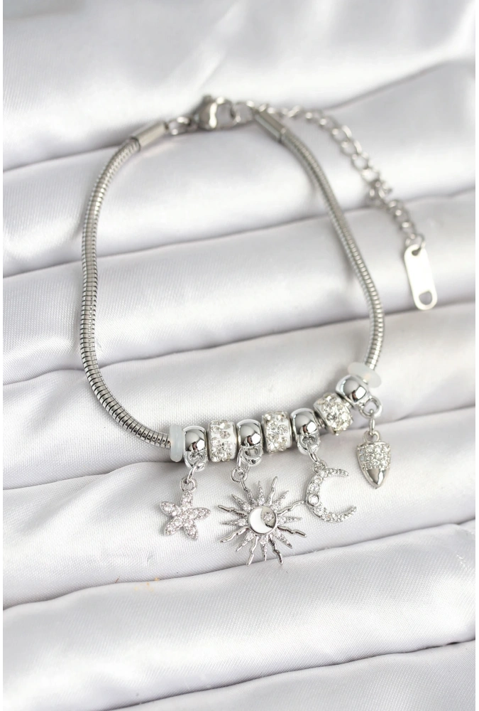 Shoecide Pirinç Gümüş Renk Ay Ve Güneş Charmlı Kadın Bileklik