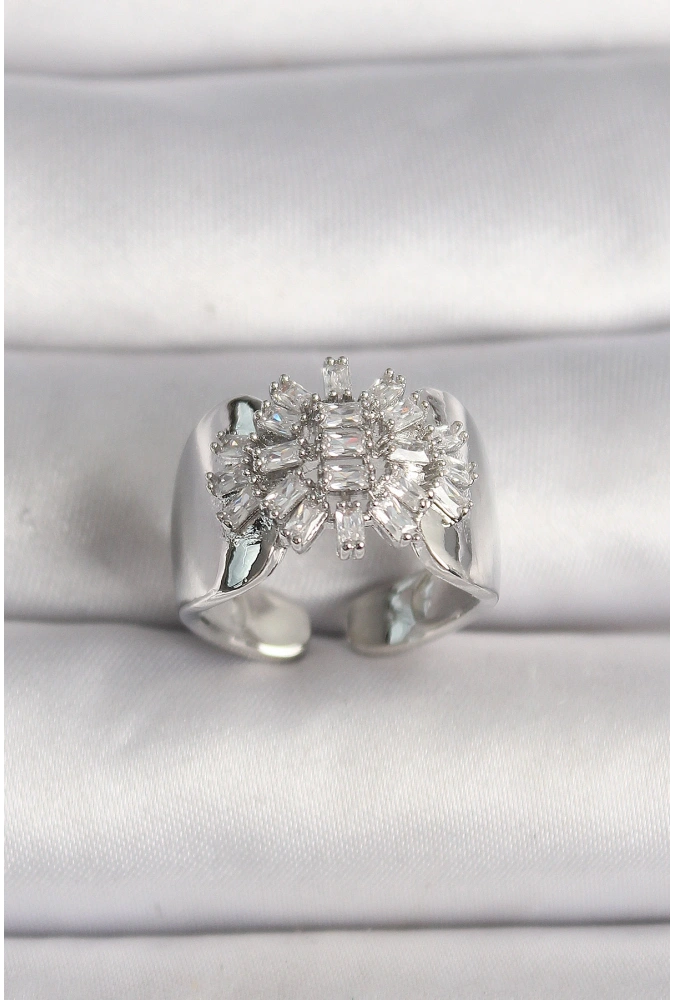 Shoecide Pirinç Gümüş Renk Ayarlanabilir Baget Zirkon Taş Model Kadın Yüzük