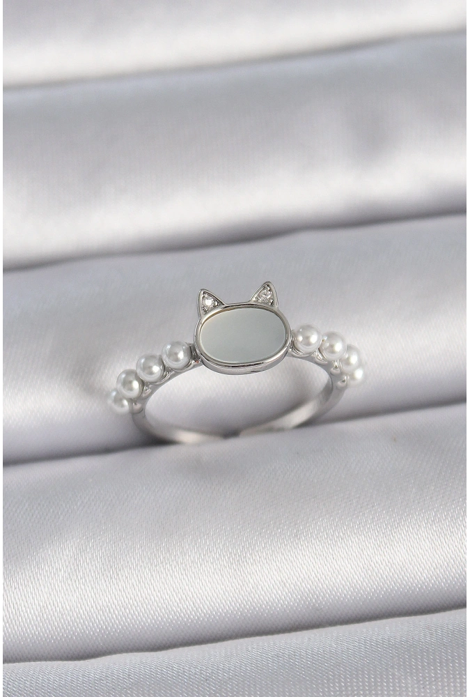Shoecide Pirinç Gümüş Renk Ayarlanabilir Beyaz Mineli Kedi Model İnci Detay Kadın Yüzük