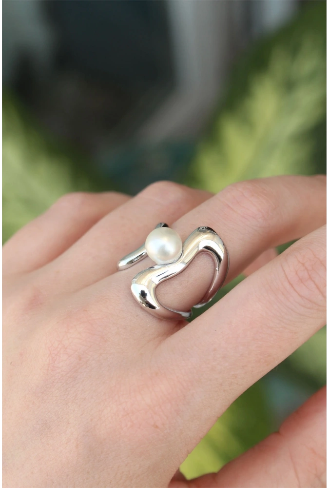 Shoecide Pirinç Gümüş Renk Ayarlanabilir İnci Taşlı Yüzük