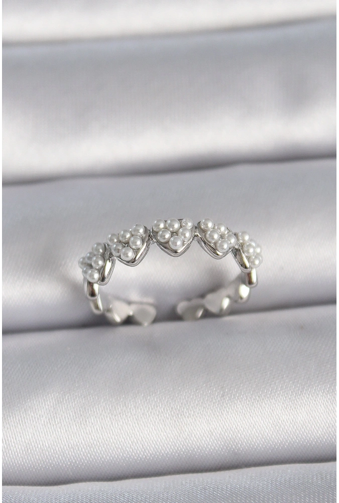 Shoecide Pirinç Gümüş Renk Ayarlanabilir İncili Kalp Model Kadın Yüzük