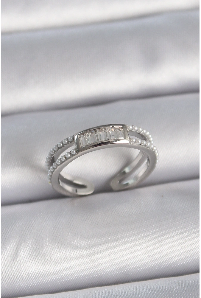 Shoecide Pirinç Gümüş Renk Ayarlanabilir Sıralı İncili Zirkon Taşlı Kadın Yüzük