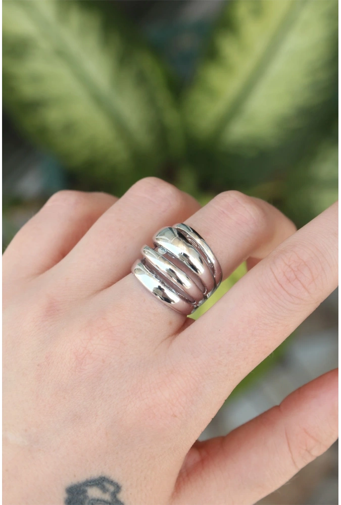 Shoecide Pirinç Gümüş Renk Ayarlanabilir Tırtıklı Bombe Yüzük