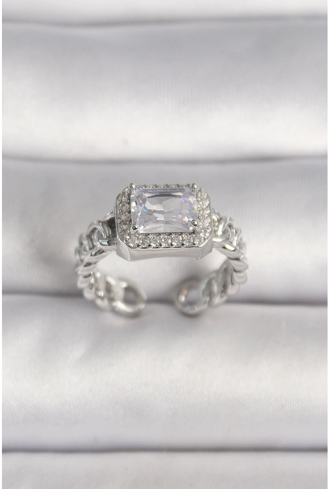 Shoecide Pirinç Gümüş Renk Ayarlanabilir Zincir Kare Zirkon Taşlı Kadın Yüzük