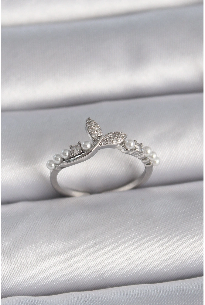 Shoecide Pirinç Gümüş Renk Ayarlanabilir Zirkon Taşlı Balık Kuyruğu İnci Detay Model Kadın Yüzük