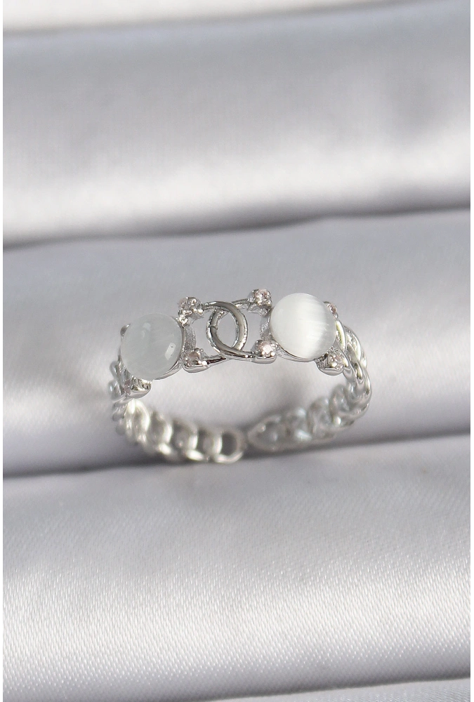 Shoecide Pirinç Gümüş Renk Ayarlanabilir Zirkon Taşlı Beyaz Mineli Birleşik Halka Model Kadın Yüzük