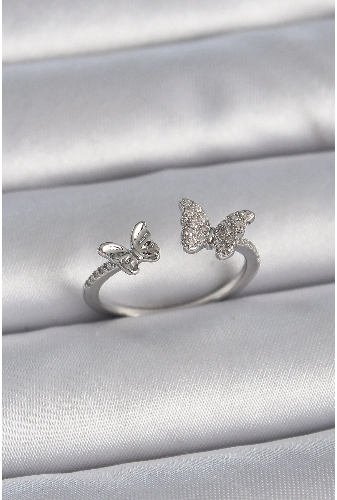 Shoecide Pirinç Gümüş Renk Ayarlanabilir Zirkon Taşlı Kelebek Model Kadın Yüzük