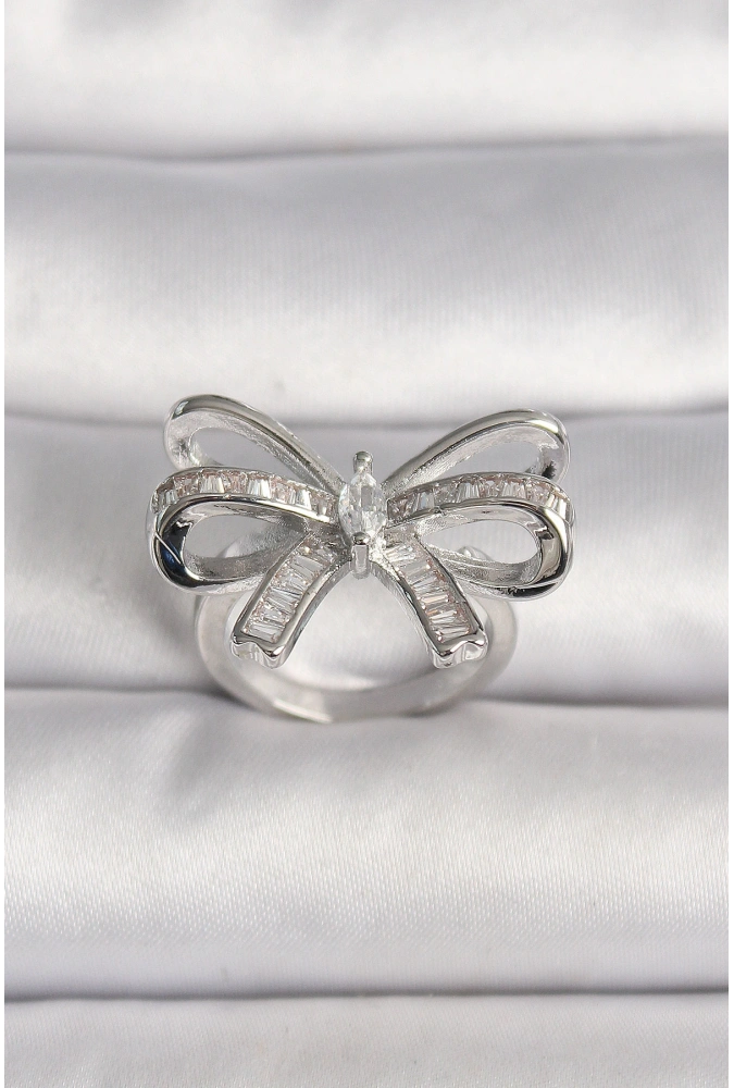 Shoecide Pirinç Gümüş Renk Ayarlanabilir Zirkon Taşlı Kurdele Model Kadın Yüzük