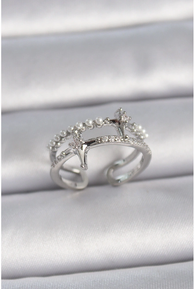 Shoecide Pirinç Gümüş Renk Ayarlanabilir Zirkon Taşlı Kutup Yıldız İnci Detay Kadın Yüzük