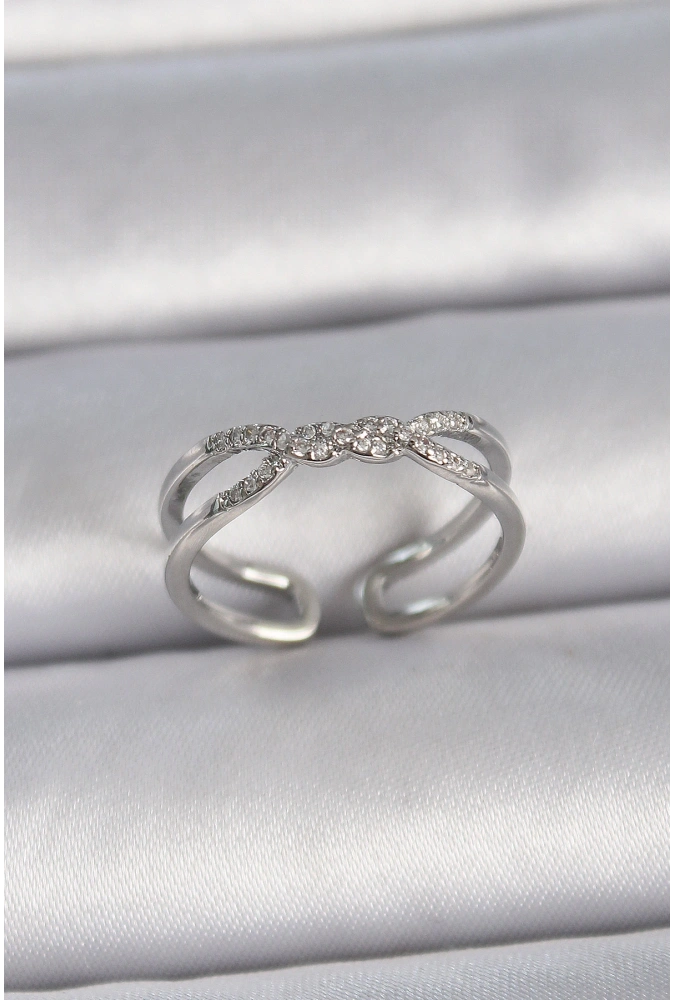 Shoecide Pirinç Gümüş Renk Ayarlanabilir Zirkon Taşlı Sarmal Model Kadın Yüzük