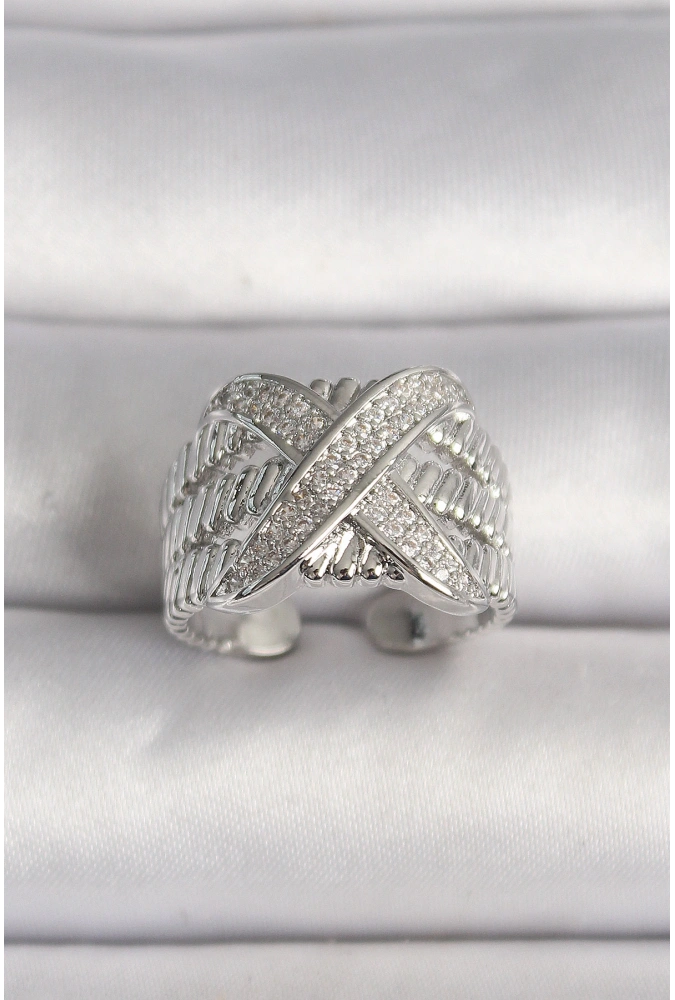 Shoecide Pirinç Gümüş Renk Ayarlanabilir Zirkon Taşlı X Model Kadın Yüzük