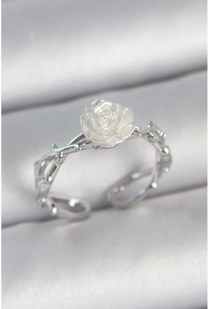 Shoecide Pirinç Gümüş Renk Beyaz Gül Model Ayarlanabilir Kadın Yüzük