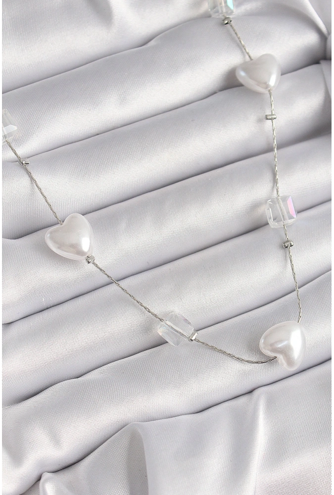 Shoecide Pirinç Gümüş Renk Beyaz İnci Kalp Model Kadın Kolye