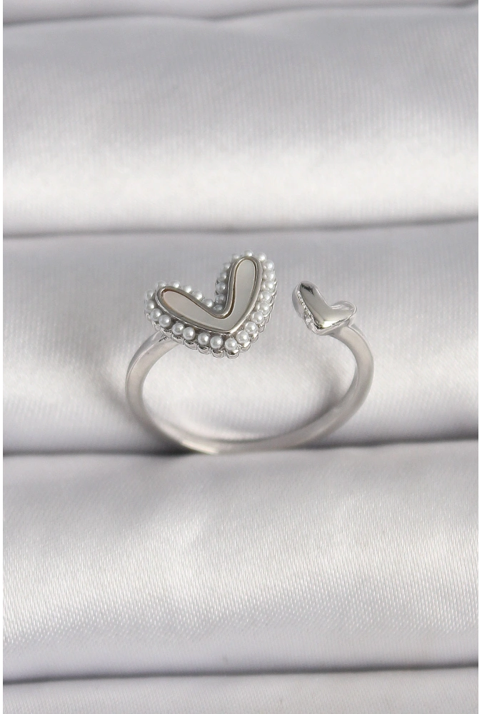 Shoecide Pirinç Gümüş Renk Beyaz Mineli İnci Detaylı Kalp Model Ayarlanabilir Yüzük