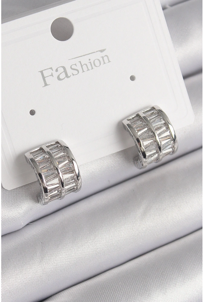 Shoecide Pirinç Gümüş Renk Çift Sıra Zirkon Taşlı Kadın Küpe