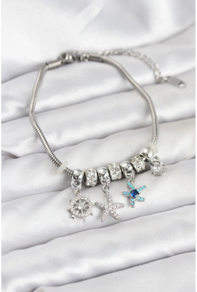 Shoecide Pirinç Gümüş Renk Deniz Tema Charmlı Kadın Bileklik