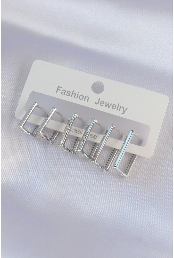 Shoecide Pirinç Gümüş Renk Dikdörtgen Model Küpe Seti