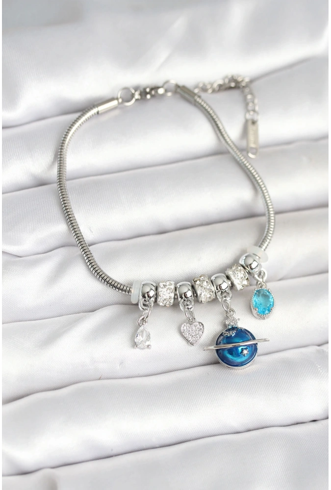 Shoecide Pirinç Gümüş Renk Dünya Charmlı Kadın Bileklik