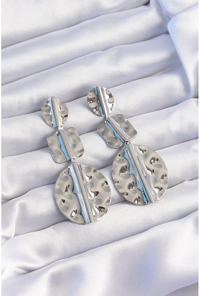 Shoecide Pirinç Gümüş Renk Geometrik Ezme Plaka Küpe