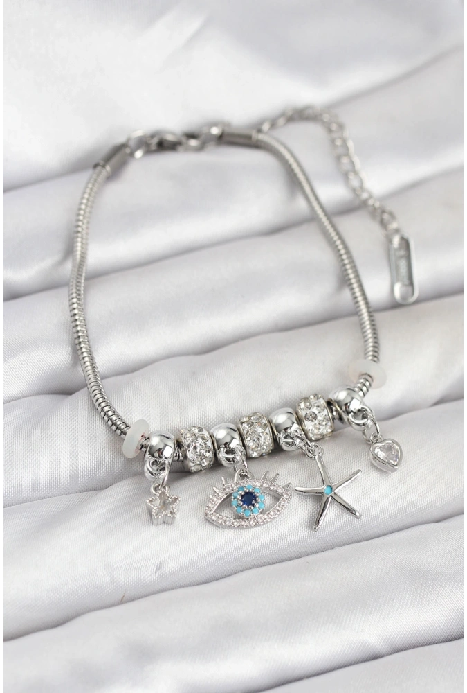 Shoecide Pirinç Gümüş Renk Göz Model Charmlı Kadın Bileklik