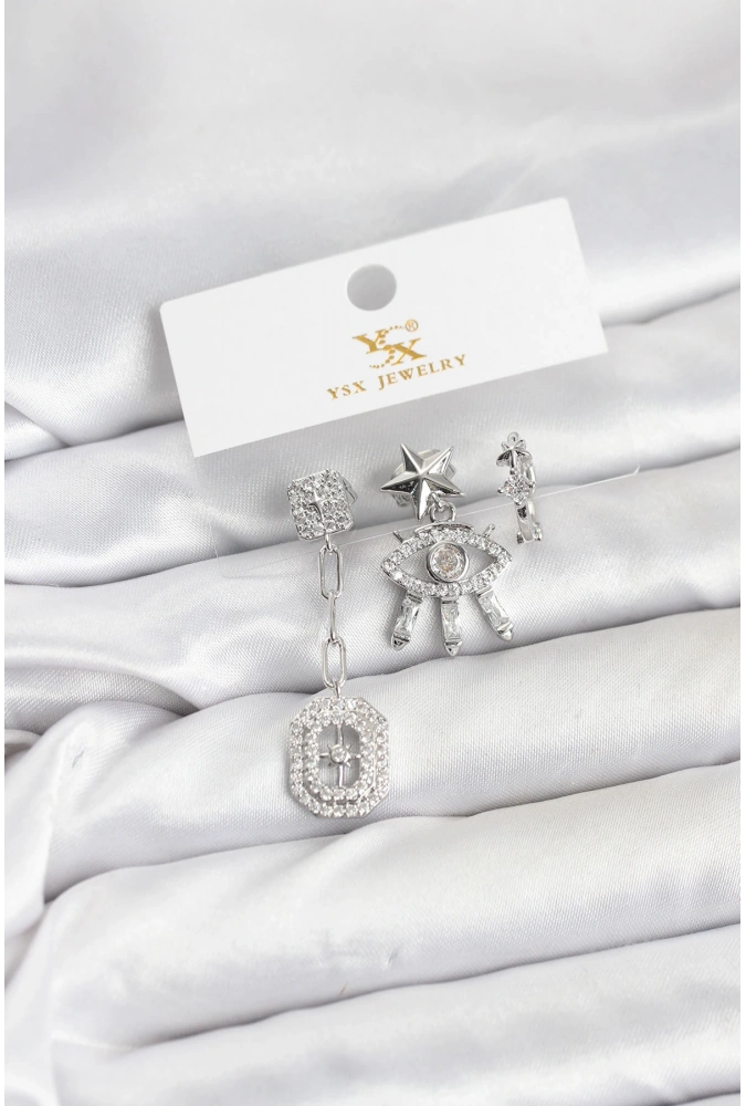 Shoecide Pirinç Gümüş Renk Göz Ve Kutup Yıldızı Model Ysx Trio Küpe Seti